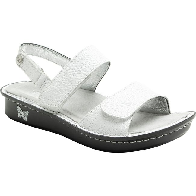 Front angled view of Women's Alegria Verona Sandal in Blancalita White iwth velcro straps