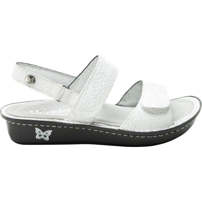 Lateral side of Women's Alegria Verona Sandal in Blancalita White with velcro straps