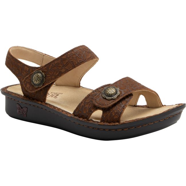 Front angled view of Women&#39;s Alegria Vienna Sandal in Delicut Tawny Brown with velcro straps