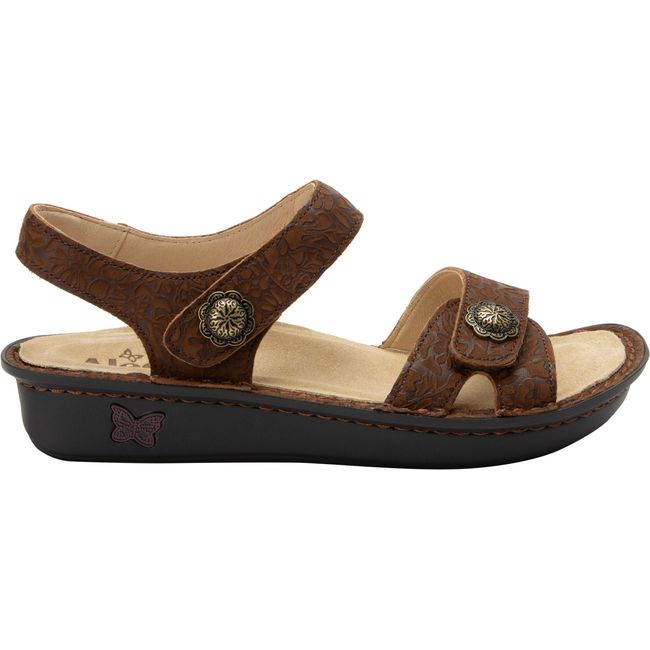 Lateral side of Women's Alegria Vienna Sandal in Delicut Tawny Brown with adjustable straps