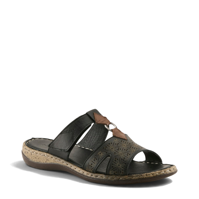 Front angled view of black leather Spring Step Women&