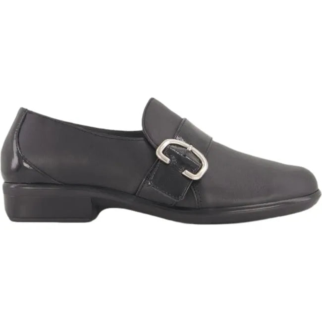 Lateral side view the Naot Women's Viscol shoe in black leather, featuring a sleek design with a chic buckle accent, 1.5-inch durable polyurethane heeled sole, and removable cork and latex footbed, suitable for both professional and casual settings.