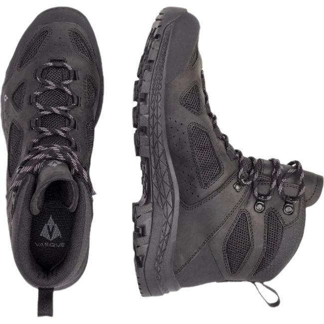 Pair of Mens Vasque Breeze Mid Waterproof Hiking Boot in Moonless Night black showing top and side