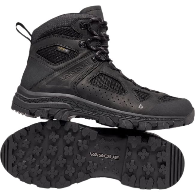 Pair of Mens Vasque Breeze Mid Waterproof Hiking Boot in Moonless Night black showing side and sole