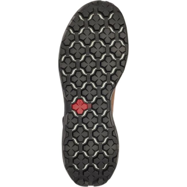 Sole of Mens Vasque Now GoreTex Hking Shoe in Canyon Brown showing the black rugged tread
