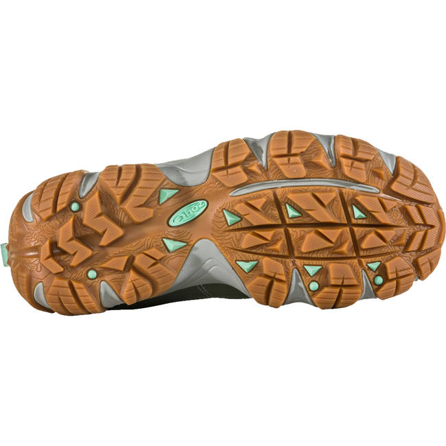 Sole of Women&#39;s Oboz Firebrand II Low Hiking Shoe in pale moss green with tan tread