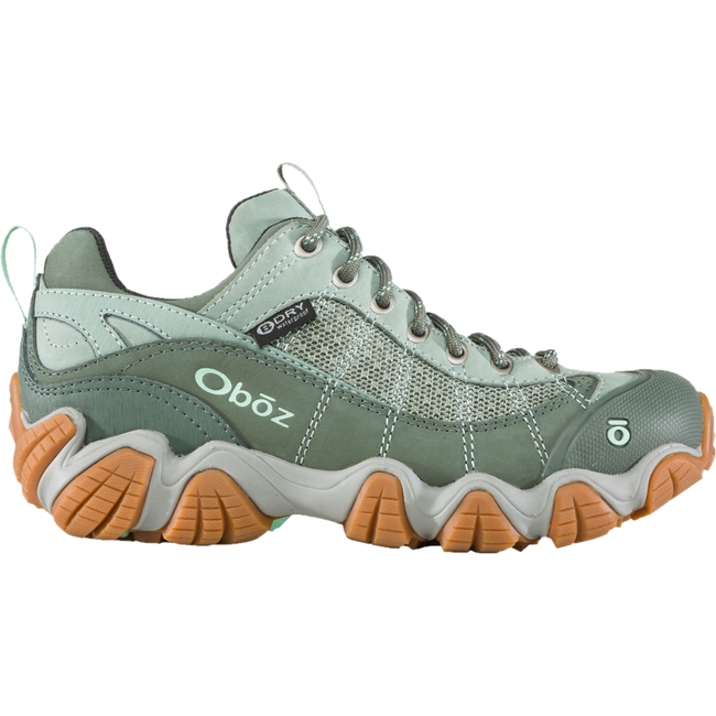 Lateral side of Women's Oboz Firebrand II Low Hiking Shoe in pale moss green with tan tread