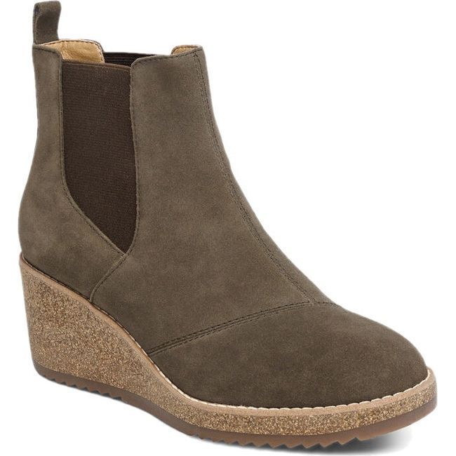 Lateral angled view of Women's Aetrex Dawn Wedge Boot in olive suede with cork sole