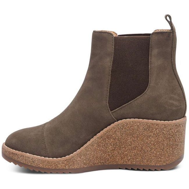 Medial side of Women's Aetrex Dawn Wedge Boot in olive suede with cork sole