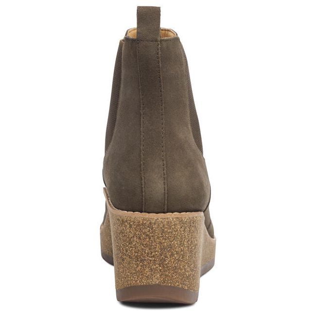 Heel of Women's Aetrex Dawn Wedge Boot in olive suede with cork sole