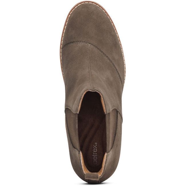 Top down view of Women's Aetrex Dawn Wedge Boot in olive suede with cork sole