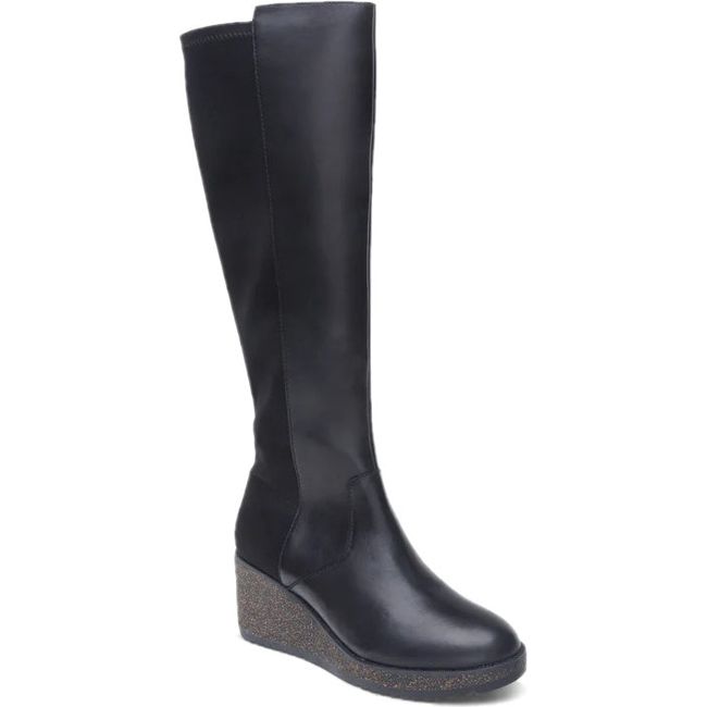 Frotn angled view of Women's Aetrex Rose Arch Support Wedge Tall Boot in black leather and suede