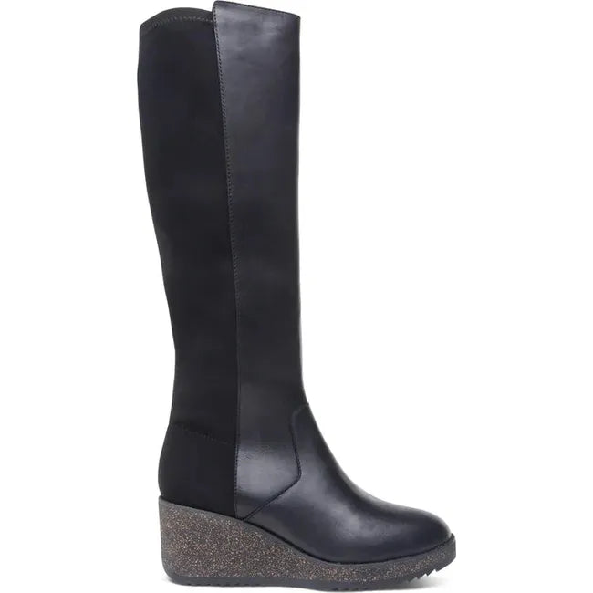 Lateral side of Women's Aetrex Rose Arch Support Wedge Tall Boot in black leather and suede