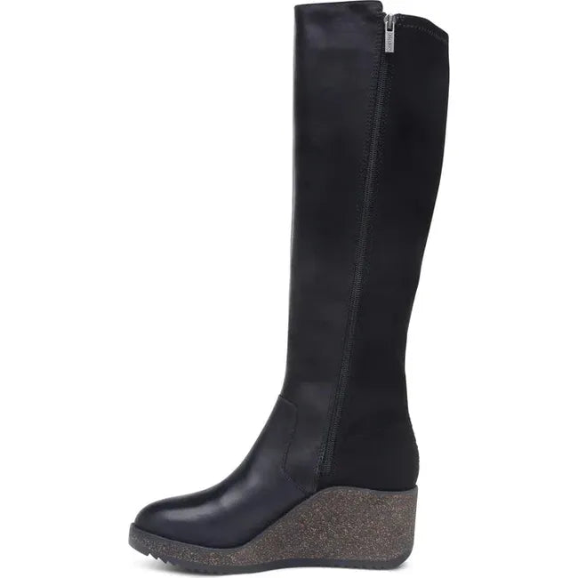 Medial side of Women's Aetrex Rose Arch Support Wedge Tall Boot in black with side zipper