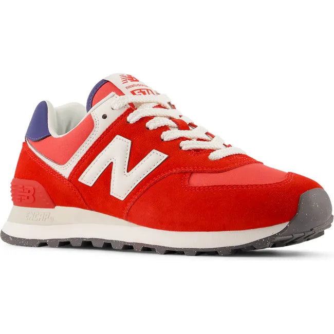 Front angled view of New Balance Women's 574 Lifestyle Shoe in True Red