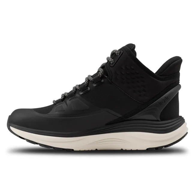 Medial side of Women’s Kizik London AT Mid Waterproof Boot in black with hands free step in