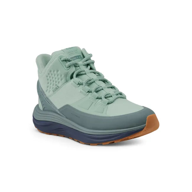 Angled view of Women’s Kizik London AT Mid Waterproof Boot in mint green with hands free step in