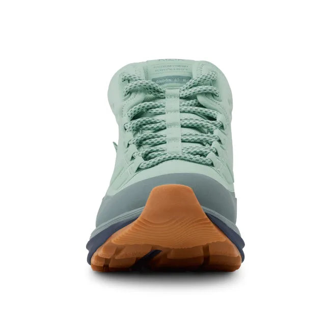 Front of Women’s Kizik London AT Mid Waterproof Boot in mint green with hands free step in