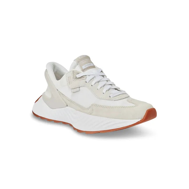 Front angled of Womens Kizik Monaco Sneaker in white &amp; beige, thick sole, and easy HandsFree Step-In