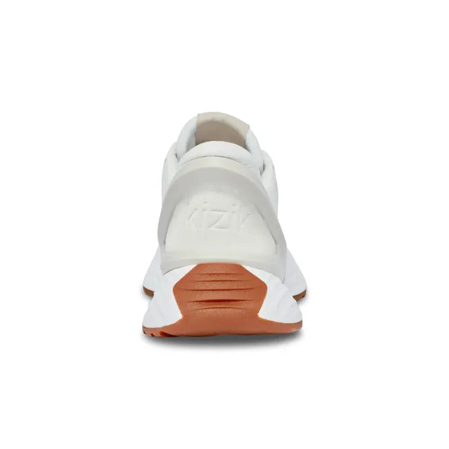 Heel of Womens Kizik Monaco Sneaker in white &amp; beige, thick sole, and easy HandsFree Step-In