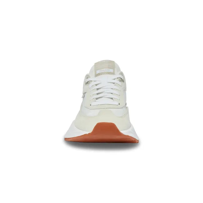 Front of Women's Kizik Monaco Sneaker in white &amp; beige, thick sole, and easy HandsFree Step-In