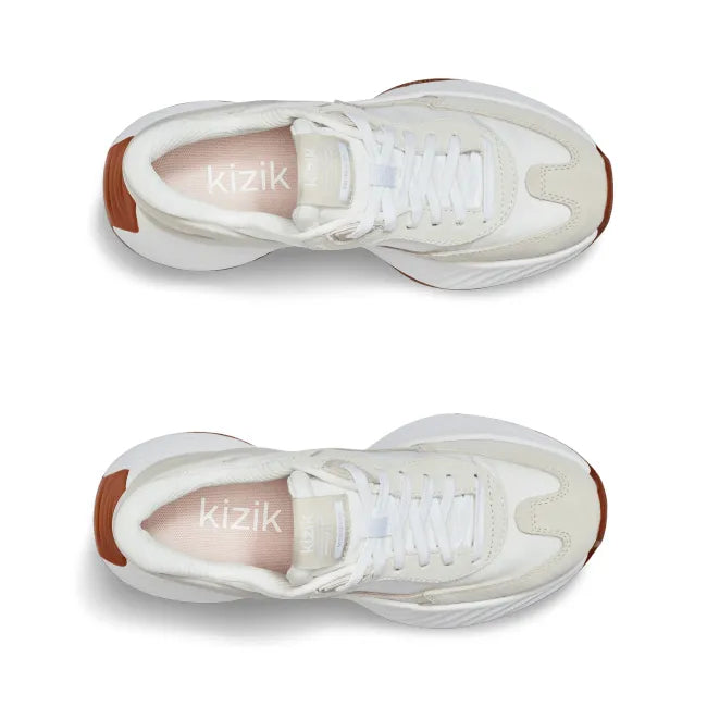Upper of Womens Kizik Monaco Sneakers in white &amp; beige, thick sole, and easy HandsFree Step-In