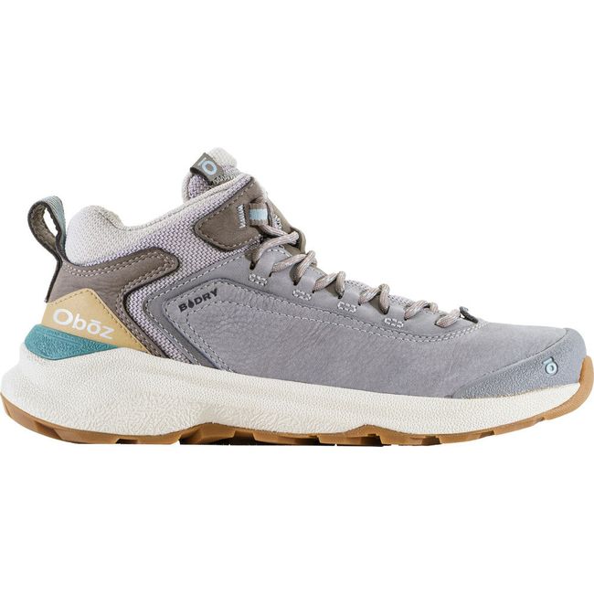 Lateral side of Women&#39;s Oboz Cottonwood Mid Waterproof Hiking Boot in drizzle gray with a white sole