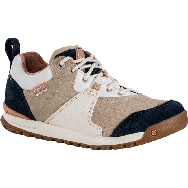 Front angled view of Women&#39;s Oboz Emma Low Casual Shoe in white, beige, and navy