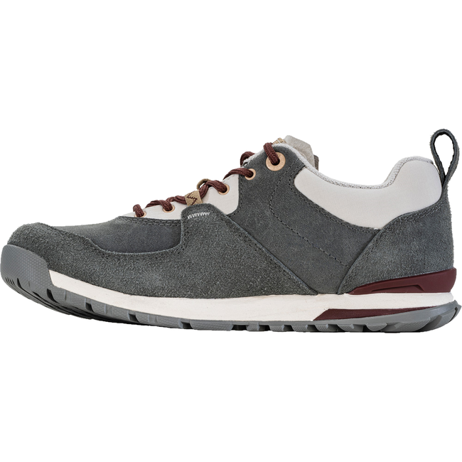 Medial side of Women&#39;s Oboz Emma Low Casual Shoe in gray nubuck with red accents
