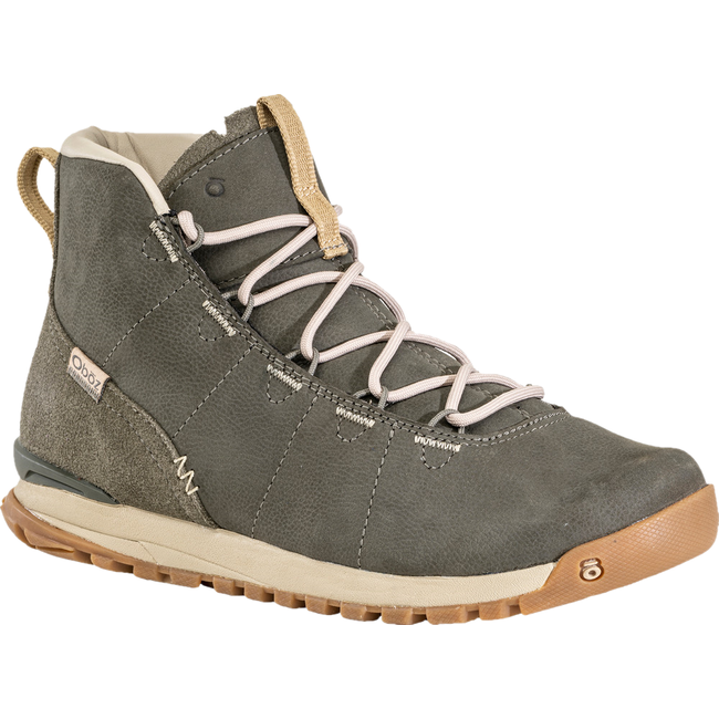 Front agnled view of Women&#39;s Oboz Emma Mid Casual Boot in olive branch green leather and suede