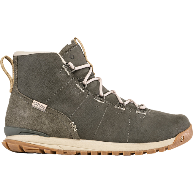 Lateral side of Women&#39;s Oboz Emma Mid Casual Boot in olive branch green leather and suede