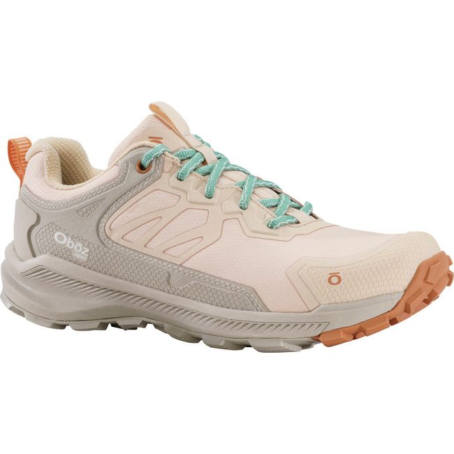 Front angled view of Women&#39;s Oboz Katabatic Low Waterproof Hiking Shoe in pink and beige