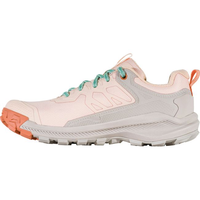 Medial side of Women&#39;s Oboz Katabatic Low Waterproof Hiking Shoe in pink and beige