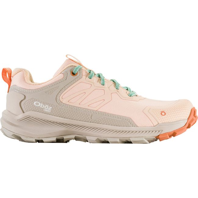 Lateral side of Women&#39;s Oboz Katabatic Low Waterproof Hiking Shoe in pink and beige