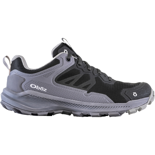 Lateral side of Women&#39;s Oboz Katabatic Low Hiking Shoe in dark mineral gray and purple