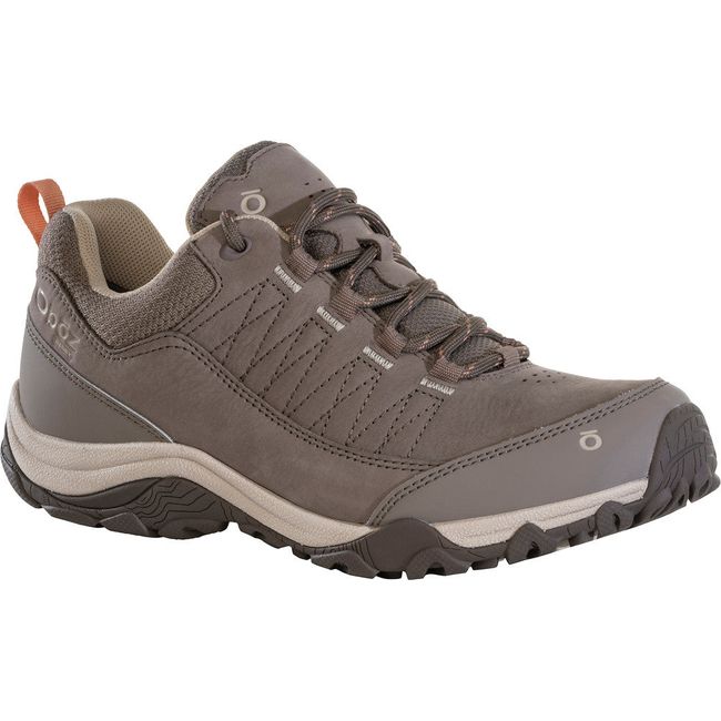 Front angled view of Women&#39;s Oboz Ousel Low Waterproof Hiking Shoe in cinder stone brown nubuck