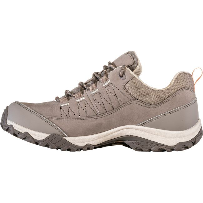 Medial side of Women&#39;s Oboz Ousel Low Waterproof Hiking Shoe in cinder stone brown nubuck