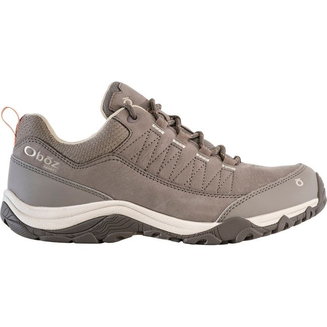 Lateral side of Women's Oboz Ousel Low Waterproof Hiking Shoe in cinder stone brown nubuck