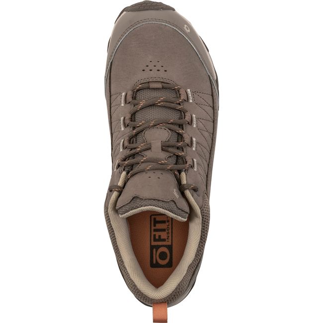 top down view of Women&#39;s Oboz Ousel Low Waterproof Hiking Shoe in cinder stone brown nubuck