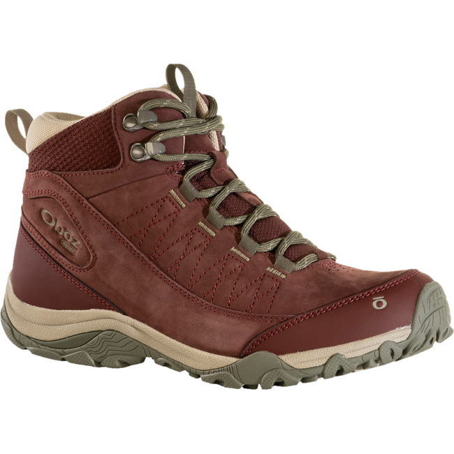 Front angled view of Oboz Women&#39;s Ousel Mid Waterproof Hiking Boot in port red nubuck leather