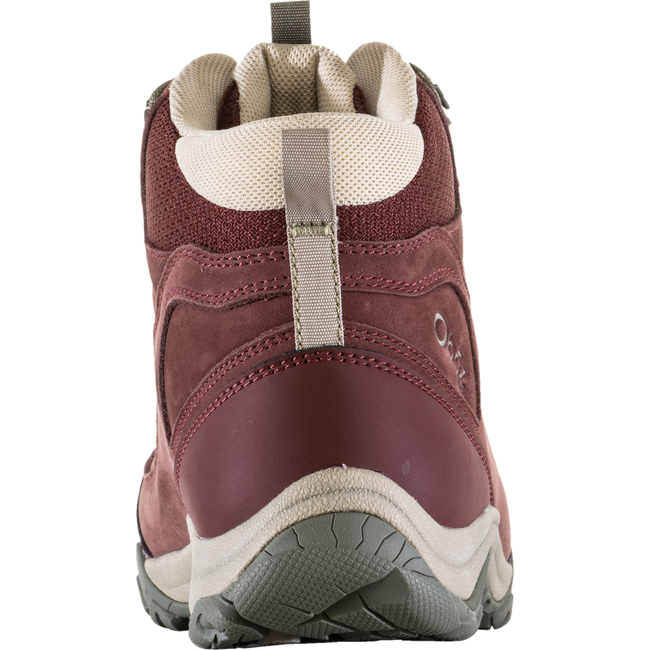 Heel of Oboz Women&#39;s Ousel Mid Waterproof Hiking Boot in port red nubuck leather