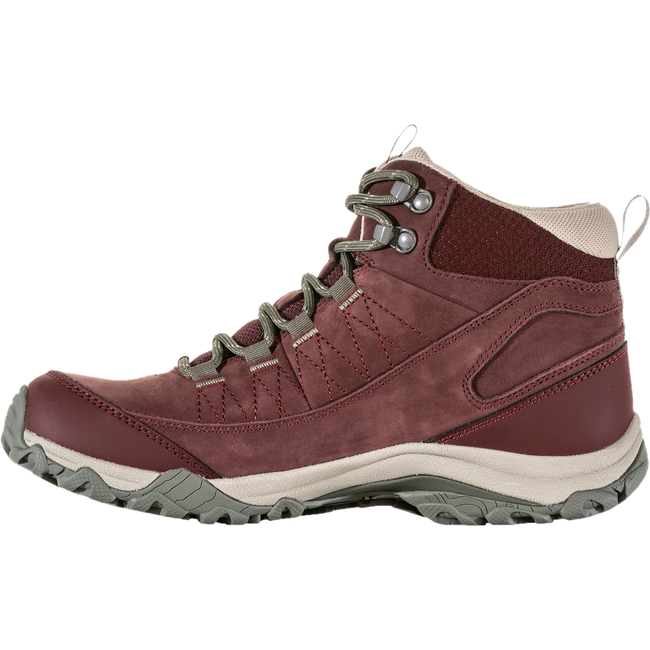 Medial side of Oboz Women&#39;s Ousel Mid Waterproof Hiking Boot in port red nubuck leather