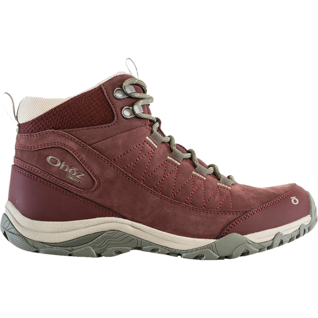 Lateral side of Oboz Women&#39;s Ousel Mid Waterproof Hiking Boot in port red nubuck leather