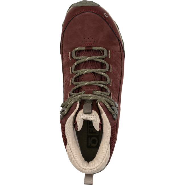 Top down view of Oboz Women&#39;s Ousel Mid Waterproof Hiking Boot in port red nubuck leather
