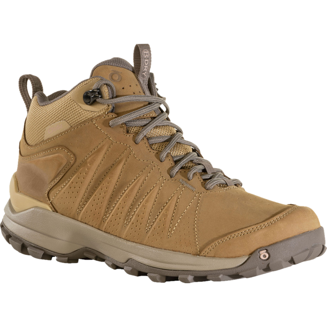 Front angled view of Women&#39;s Oboz SypeMid Leather Waterproof Hiking Boot in acorn tan