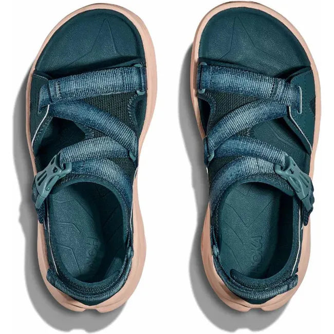 Adjustable upper of Women's Hoka Infini Hike TC Hiking Sandal in Blue Twilight Grapefruit