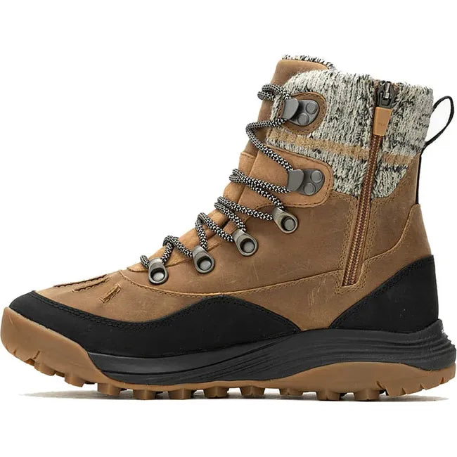 Medial side of Women&#39;s Merrell Siren 4 Thermo Mid Waterproof Boot in tobacco brown with side zipper