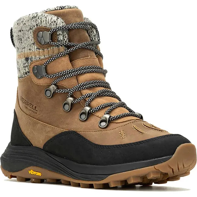 Front angled view of Women&#39;s Merrell Siren 4 Thermo Mid Zip Waterproof Boot in tobacco brown