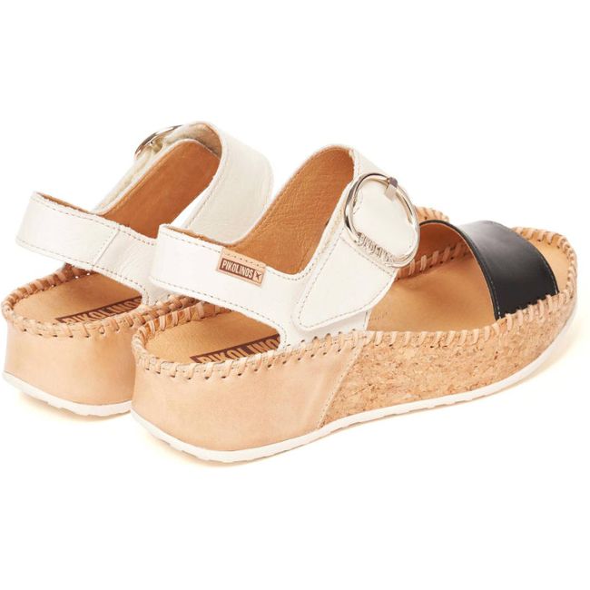Back angled view of  Women's Pikolinos Marina Wedge Sandals with black and white leather straps