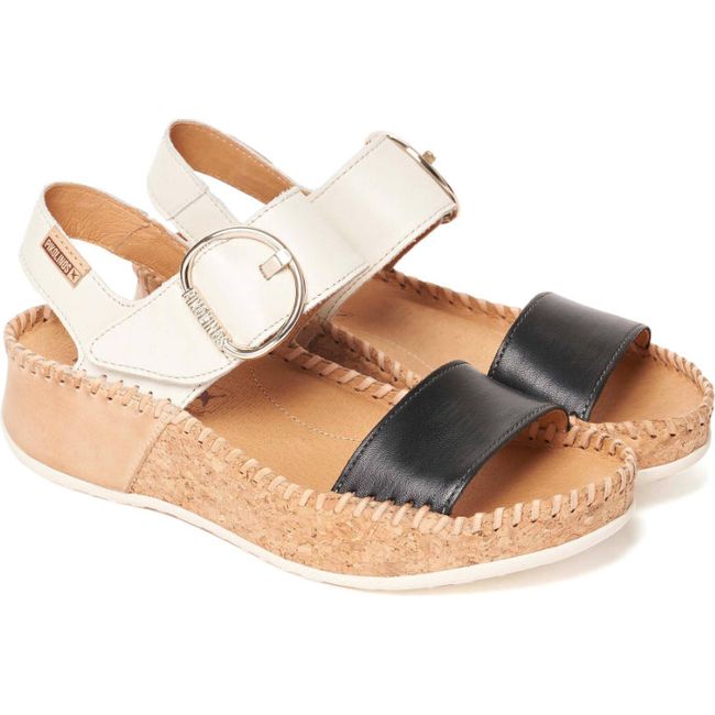 Front angled view of Women's Pikolinos Marina Wedge Sandals with black and white leather straps
